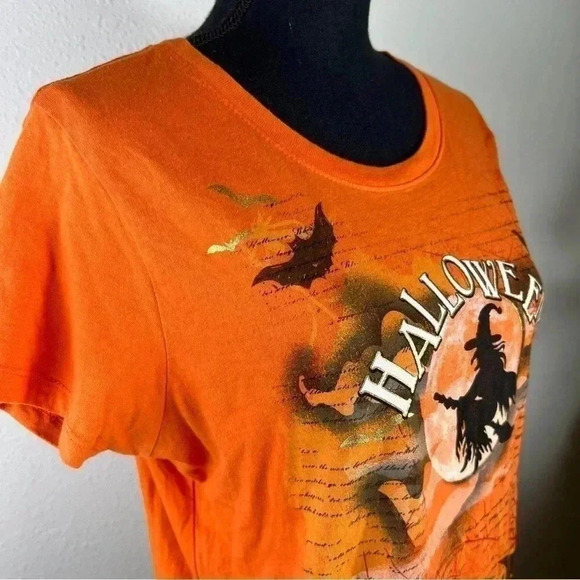 Halloween Orange Pullover Unisex T-Shirt Witch, Bats, Spider, Spider Web, Moon - Picture 1 of 11